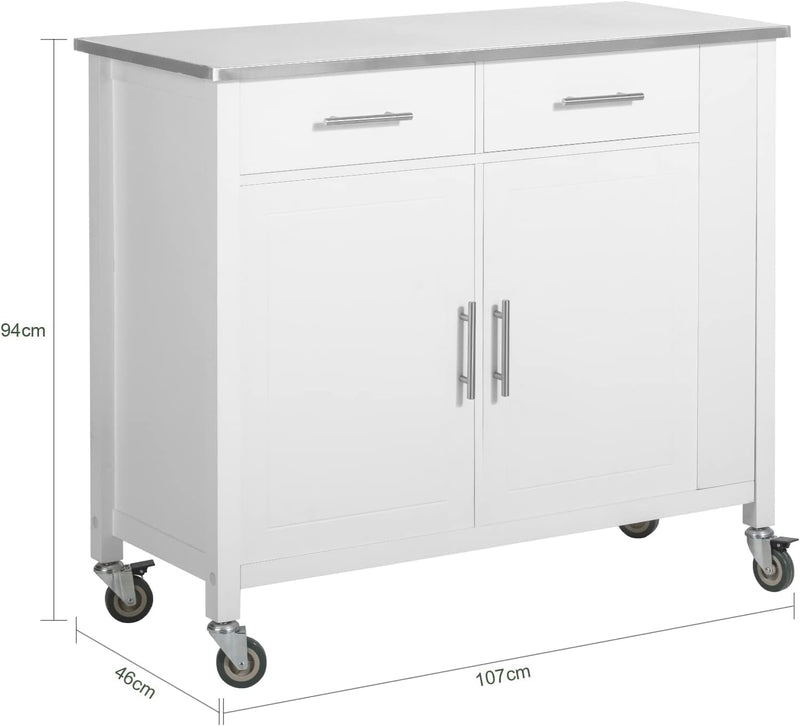 SoBuy FKW108-W Design Küchenwagen mit Edelstahlplatte Kücheninsel mit Seitenregal Küchenschrank Roll