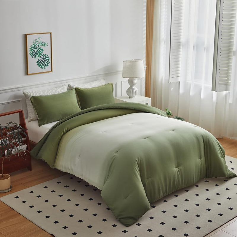 OLDBIAO Bettdecke 155 x 220 cm + 2 Kissenbezüge 80 x 80 cm 3 Teilig mit Weiss - Grün Farbverluaf Des