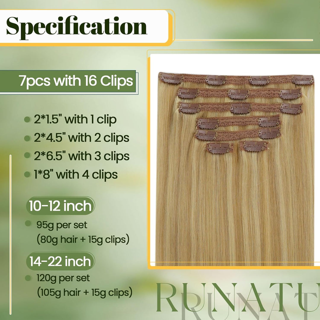 RUNATURE Clip Echthaar Extensions Gold Blond mit Hellblond Clip in Haarverlängerung Remy Echthaar Cl