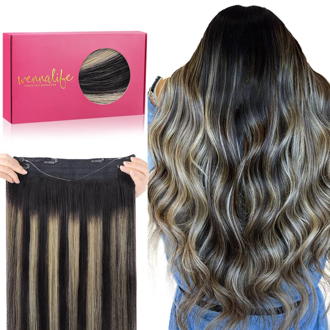 WENNALIFE Secret Hair Extensions Echthaar, 45cm 18 Inch 95g Balayage Natürliches Schwarz bis Hellblo