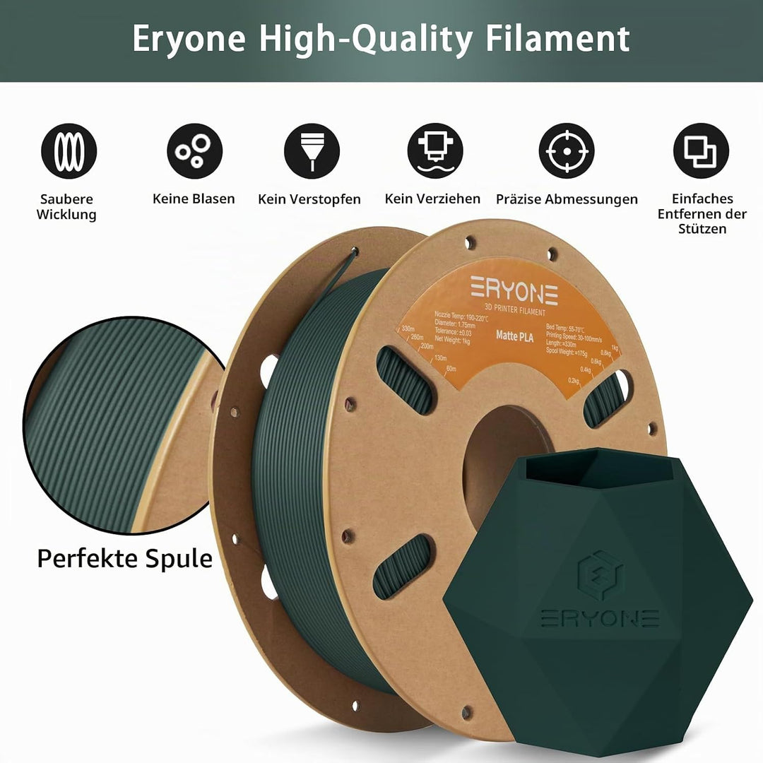 ERYONE Matte PLA 3D Drucker Filament 1.75mm, Massgenauigkeit +/- 0.03 mm, 1 kg 1 Spule, Matte Schwar