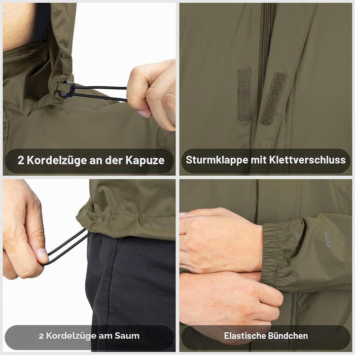 33,000ft Regenjacke Herren Leicht Wasserdicht Faltbare Regenmantel mit Kapuze Fahrrad Rain Windbreak