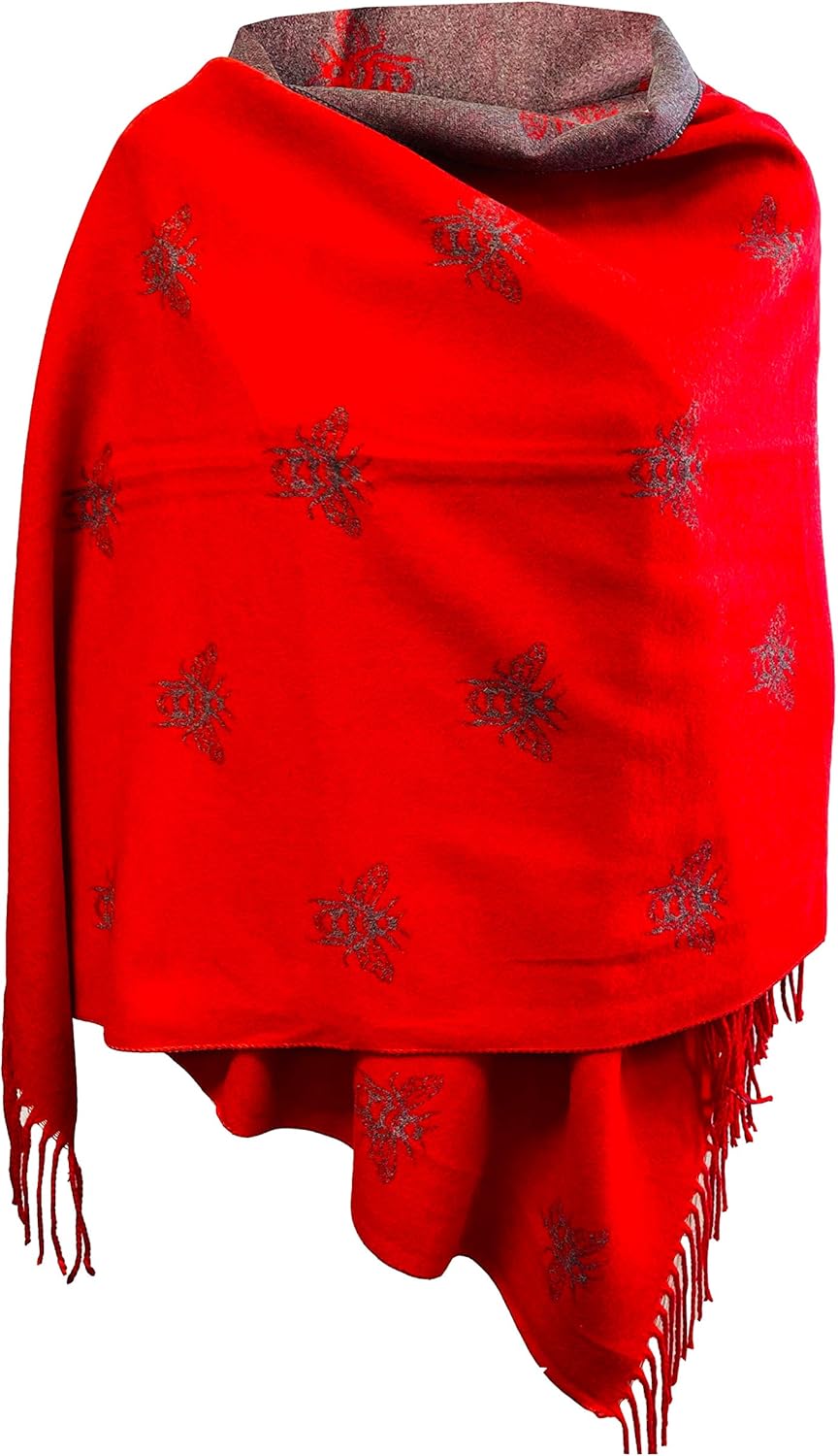 BUMBLE BEES Superweicher Schal mit roter und grauer Quaste, wendbar, weich und warm, Rot gemustert,