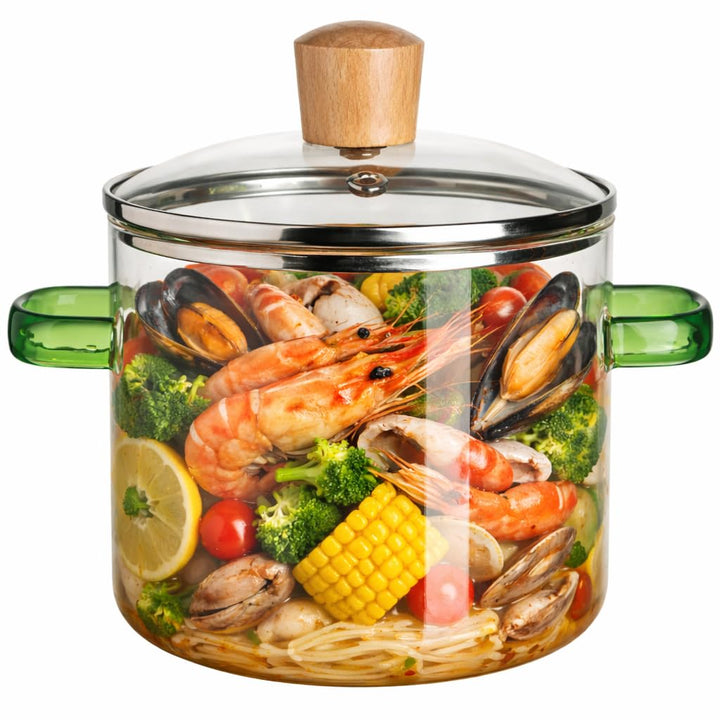 Transparenter Borosilikat-Glaskochtopf 1,6l – Mikrowellengeeignet, Hitzebeständig, Doppelgriff – Fam