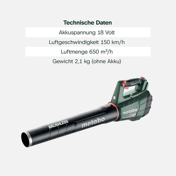 Metabo Akku-Laubbläser LB 18 LTX BL (601607850) 18V, 150 km/h Luftgeschwindigkeit (Tragegurt, gummie