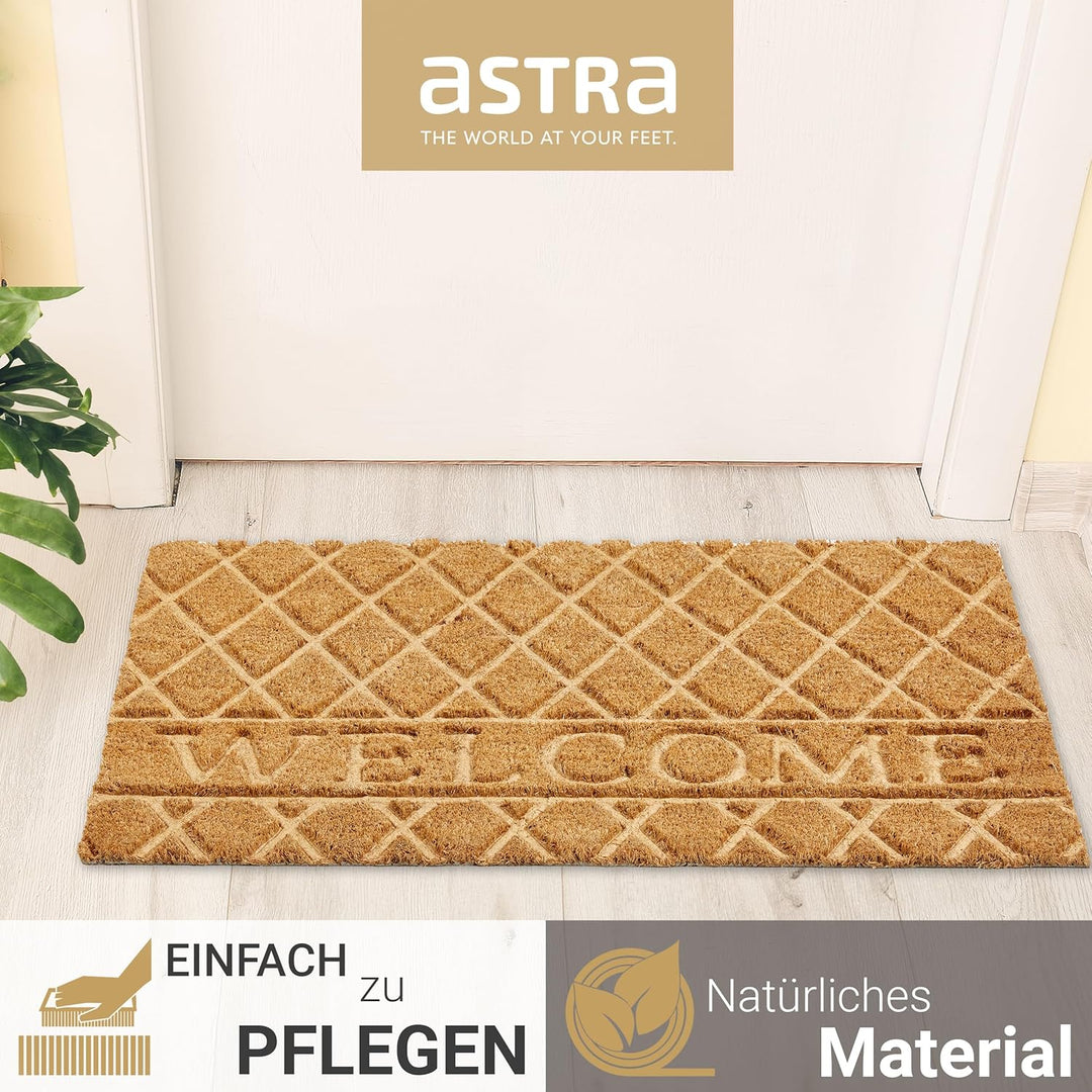 Astra Moderne Fussmatte Haustür - Kokosmatte 45x75cm Welcome Natur - rutschfeste Schmutzfangmatte ro