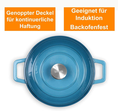 Bräter Gusseisen Rund Emailliert - Bratentopf mit Deckel für Backofen - Schmortopf Induktion Backofe