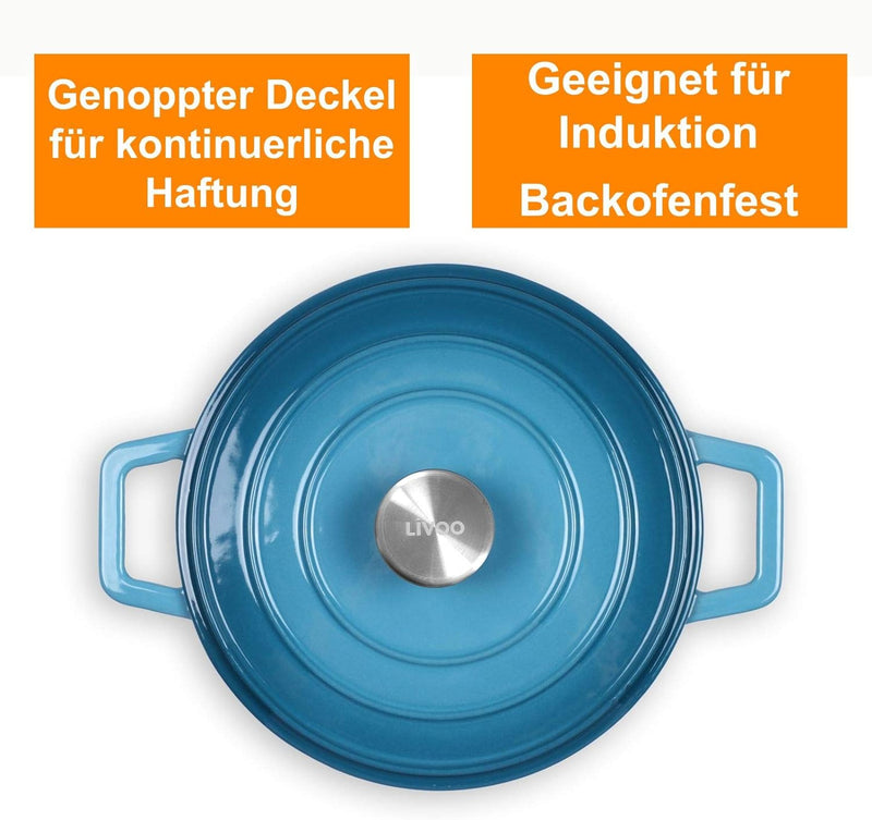 Bräter Gusseisen Rund Emailliert - Bratentopf mit Deckel für Backofen - Schmortopf Induktion Backofe