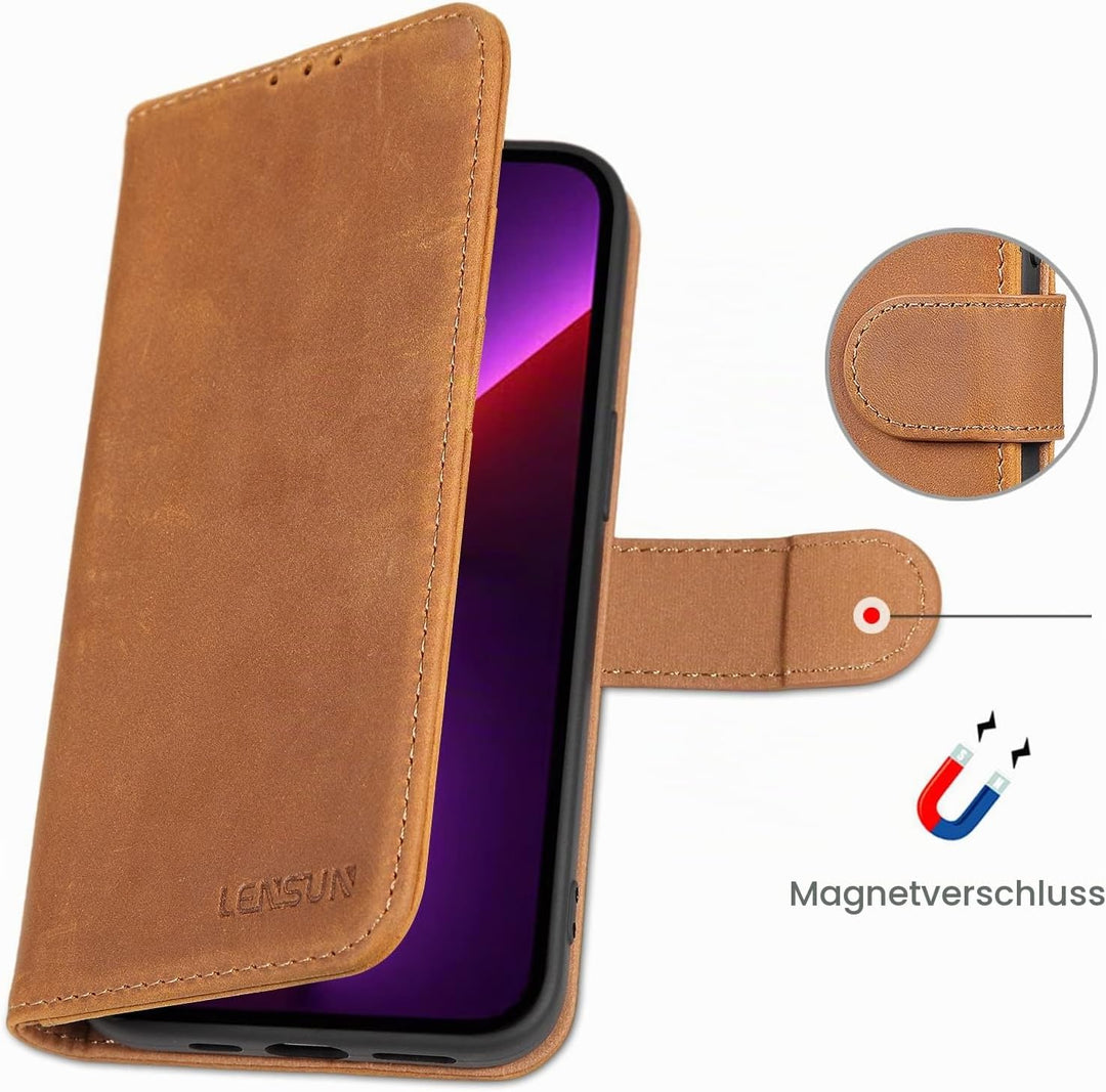 LENSUN Echtleder Hülle für iPhone 13 Pro, Handyhülle [Echtes Leder][Magnetverschluss][RFID Schutz] H