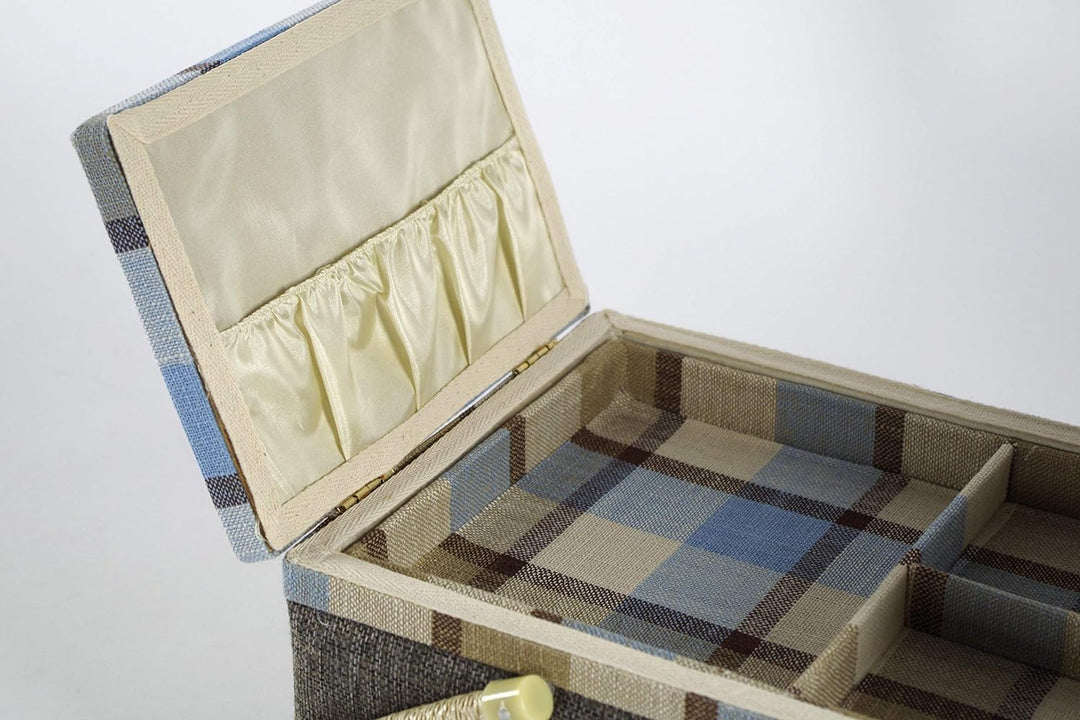 Kobolo Nähkästchen Nähkorb Nähkörbchen Nähkasten - blau kariert - Stoff - 33x23x17 cm