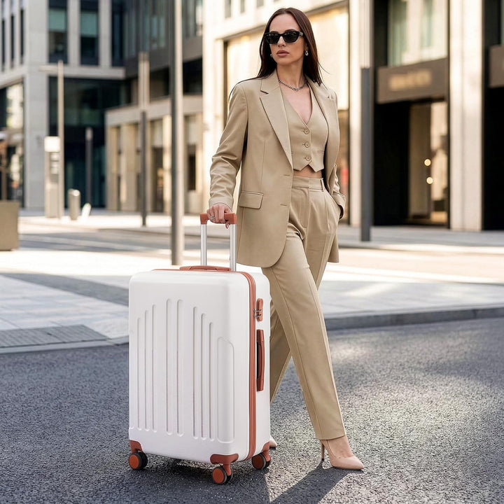 LALAHO Zwillingsrollen Reisekoffer Handgepäck Koffer Trolleys Hartschale M-L-XL-Set (Beige-Braun, M,