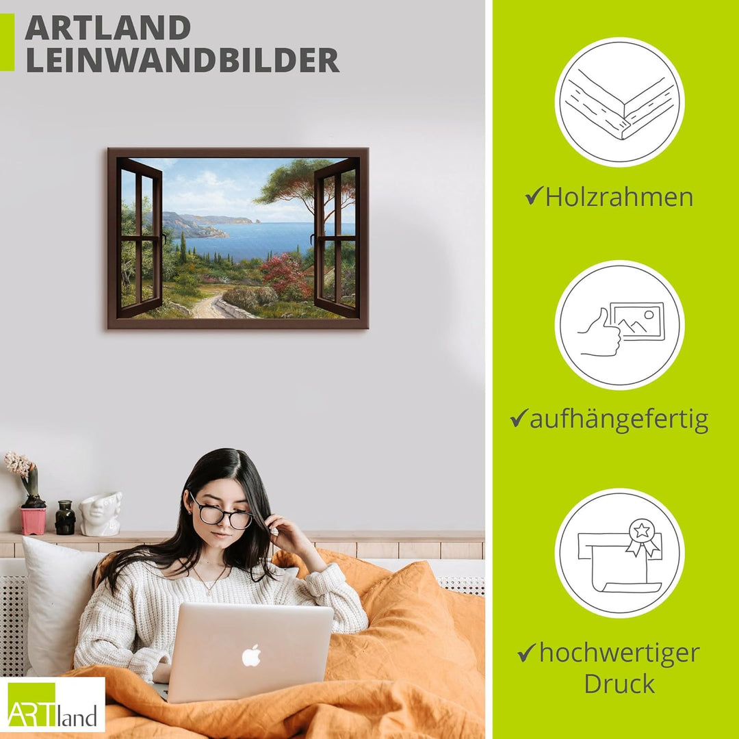 Artland Leinwandbild Wandbild Bild Leinwand 100 x 70 cm Landschaften Fensterblick Haus am Meer I T4E