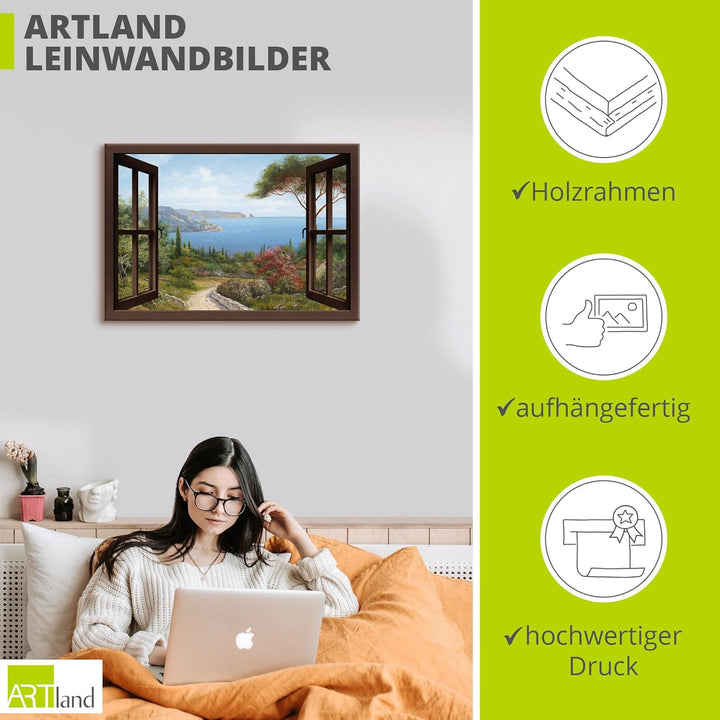 Artland Leinwandbild Wandbild Bild Leinwand 100 x 70 cm Landschaften Fensterblick Haus am Meer I T4E