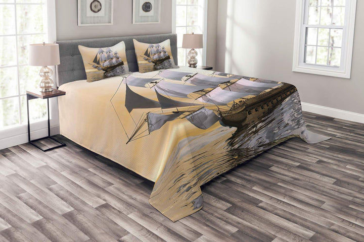 ABAKUHAUS maritim Tagesdecke Set, Schiff Segeln auf Ozean, Set mit Kissenbezügen Moderne Designs, fü