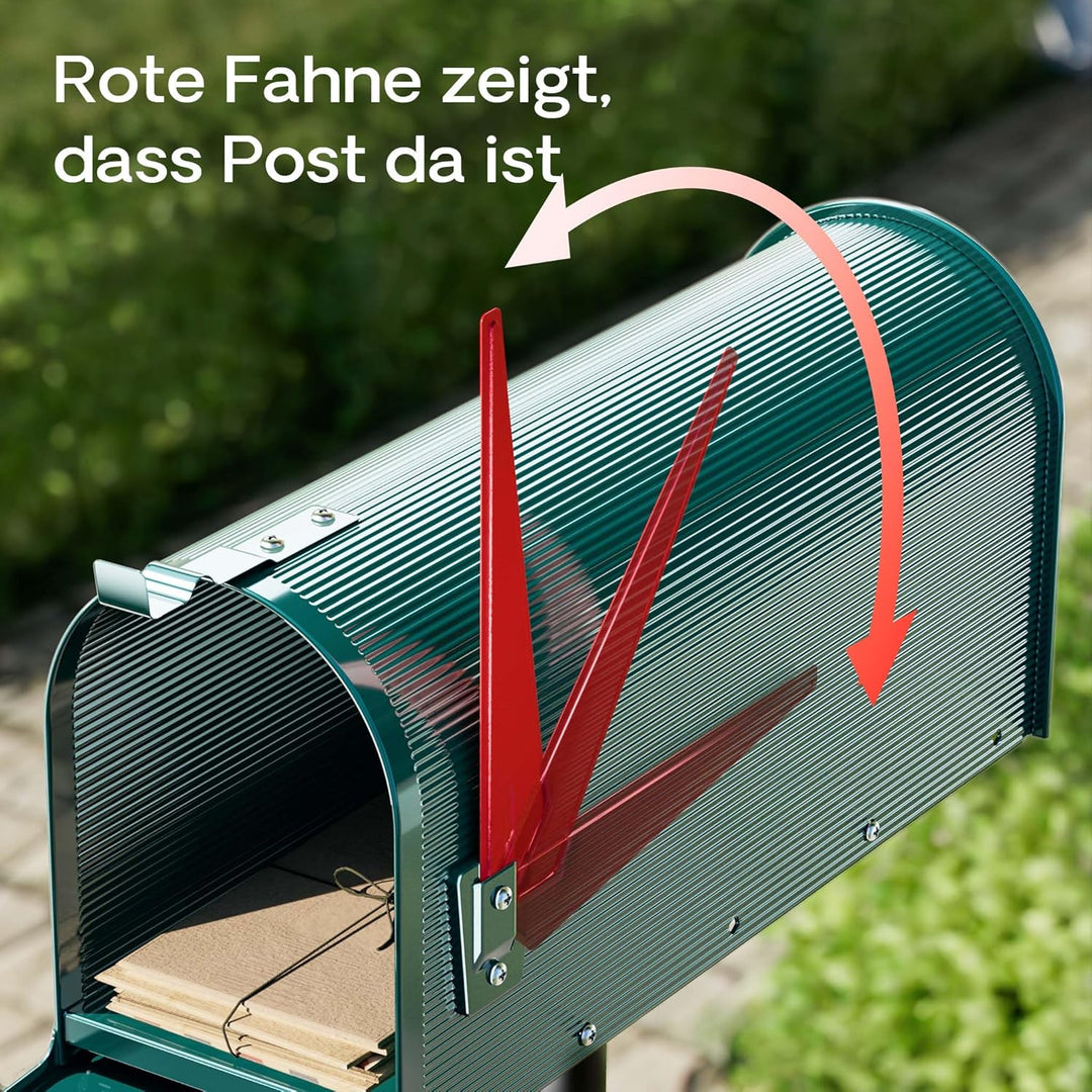Wiltec US Mailbox grün 150 x 513 x 223 mm, amerikanischer Briefkasten mit Fahne, Wandbriefkasten ode