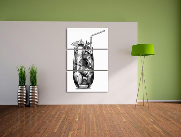 Pixxprint Monocrome, Leckerer Erdbeercocktail mit Zitrone und Minze 3-Teiler Leinwandbild 120x80 Bil