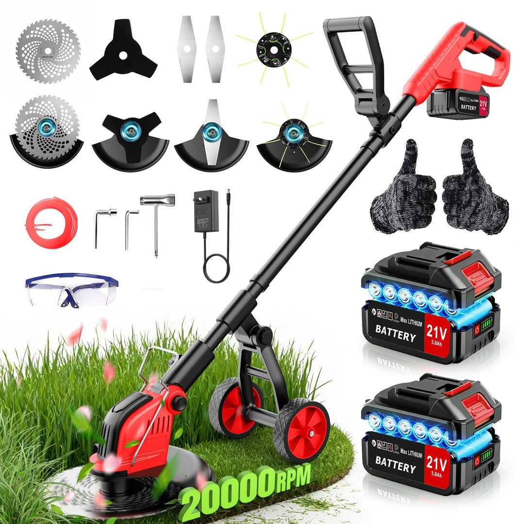 30CM Rasentrimmer mit Akku, 21V Akku Rasentrimmer mit 2 × 3.0Ah Akku& Ladegerät, 20000U/min 4 Klinge
