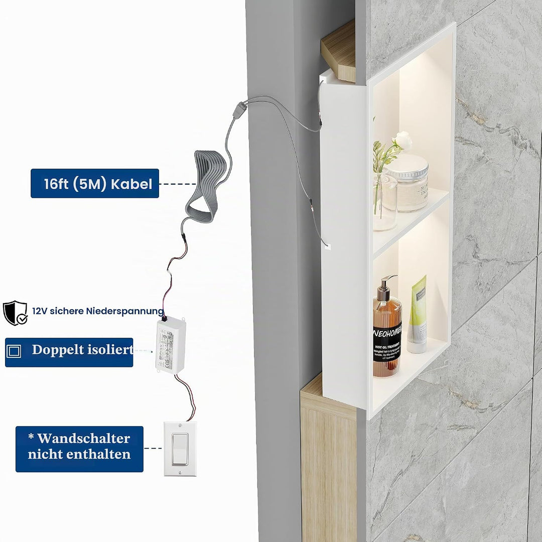 Wandnische Dusche Edelstahl mit LED-Beleuchtung, Doppel-Duschnische mit Regal Weiss Lagerung für Bad