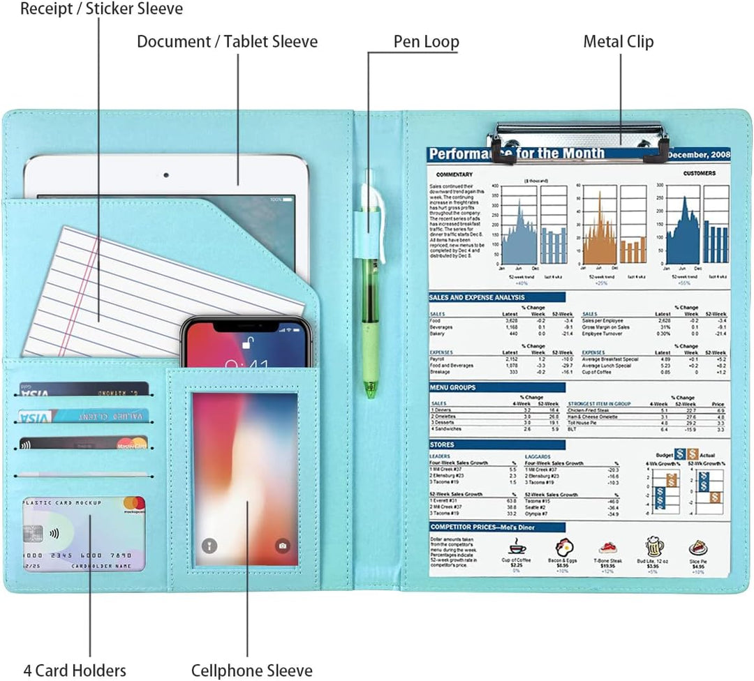 WAVEYU Padfolio mit Klemmbrett, Ordner, Portfolio, marmoriertes Leder, Klemmbrett mit Deckel für A4-