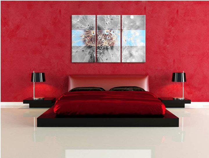 Tropfen an Pusteblume abstrakt schwarz/weiss 3-Teiler Leinwandbild 120x80 Bild auf Leinwand, XXL rie