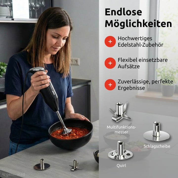 bamix Stabmixer Set M250 PRIME inkl. Multifunktionsmesser, Quirl, Schlagscheibe aus Edelstahl, 250 W