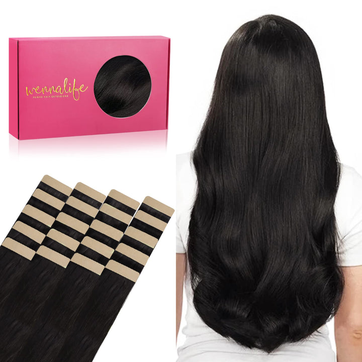 WENNALIFE Tape Extensions Echthaar, 20pcs 50g 60cm 24 Zoll Natürliches Schwarz Remy Invisible Tape E