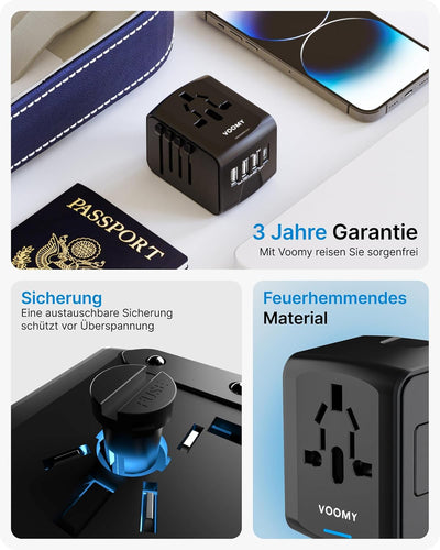 VOOMY Reiseadapter Weltweit, Universal Reisestecker mit 3USB, 1USB, 1AC Steckdose, Reiseadapter Euro