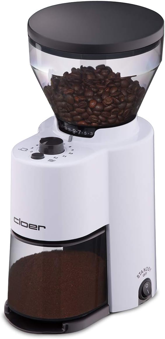 Cloer 7521 Elektrische Kaffeemühle mit Kegelmahlwerk aus Edelstahl, 2-12 Tassen, 300 g Kaffeebohnen,