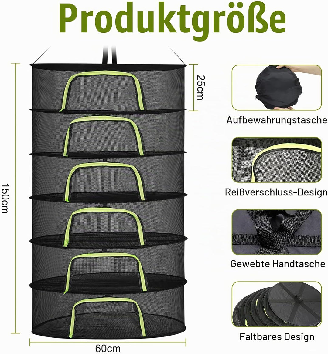 6 Lagiges Trockennetz Kräuter, 150 cm Kräutertrockner Hängend, Trocknungsnetz mit S Haken und Reissv
