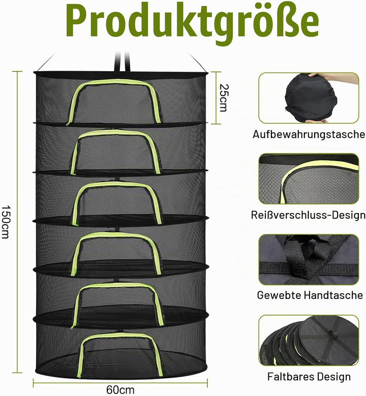 6 Lagiges Trockennetz Kräuter, 150 cm Kräutertrockner Hängend, Trocknungsnetz mit S Haken und Reissv