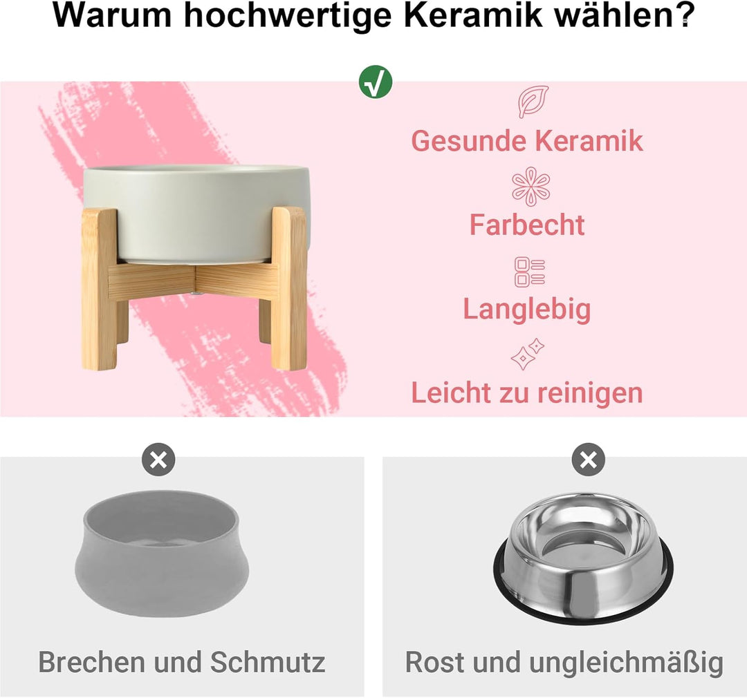 SPUNKYJUNKY Hundenapf Keramik Erhöhter Futternapf Set mit Bambus Ständer für Katzen und Hunde (1800m