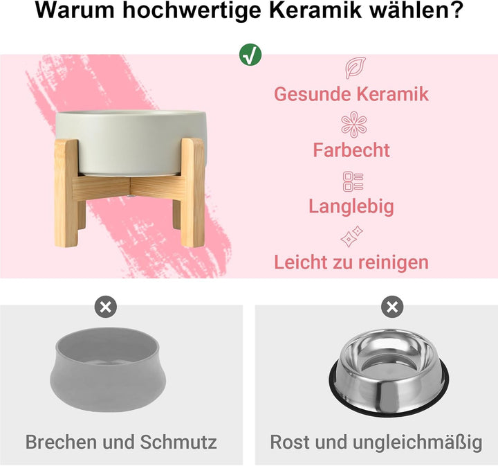 SPUNKYJUNKY Hundenapf Keramik Erhöhter Futternapf Set mit Bambus Ständer für Katzen und Hunde (1800m