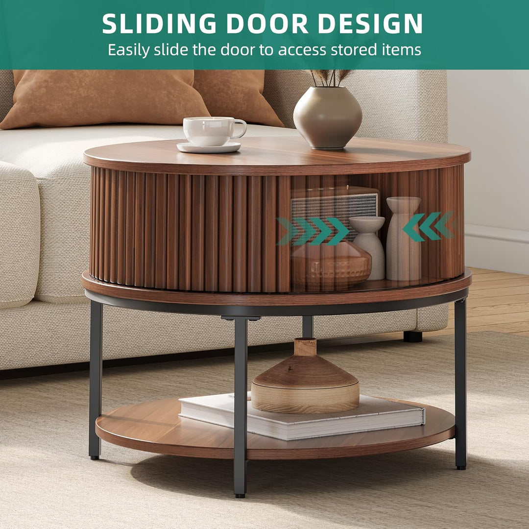 YITAHOME Couchtisch Rund, Couchtisch mit 2-stufigem Stauraum, Couchtische mit Schiebetüren im Tambou