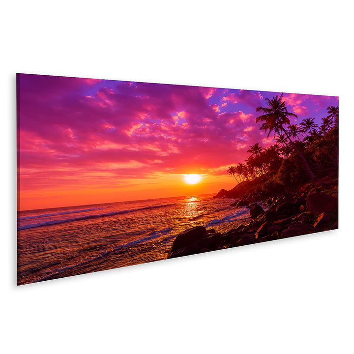 islandburner Bild auf Leinwand Sonnenuntergang Am Tropischen Strand Mit Palmen Silhouetten Bilder Wa