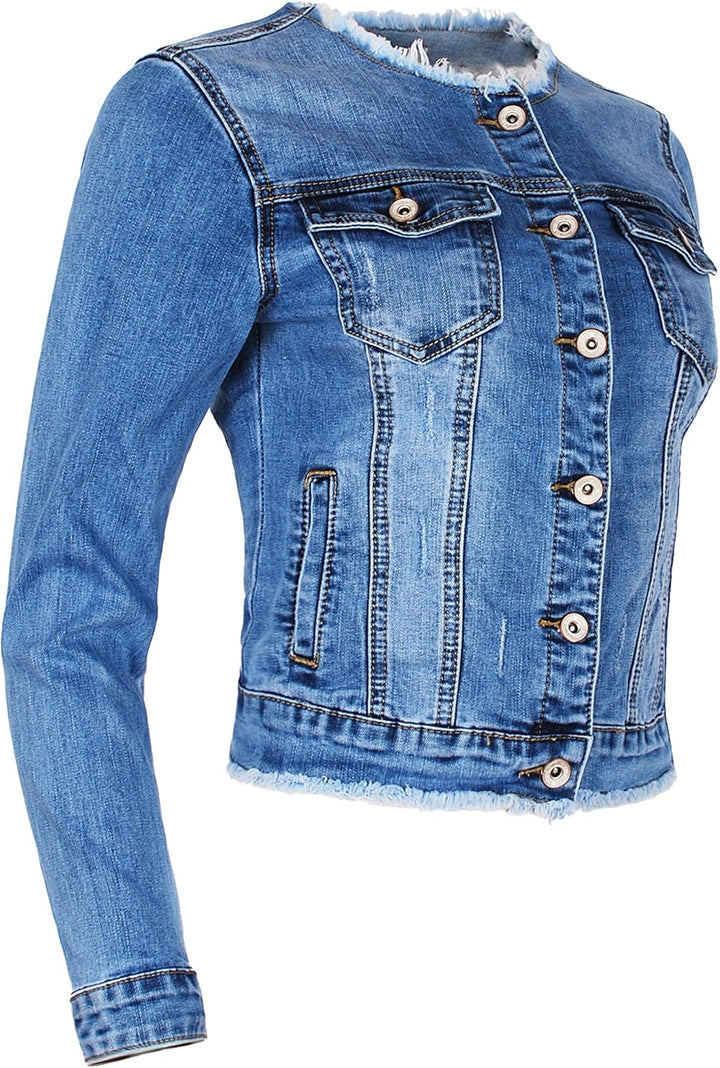 Fraternel Damen Jeansjacke ausgefranst Vintage Stretch S Hellblau, S Hellblau