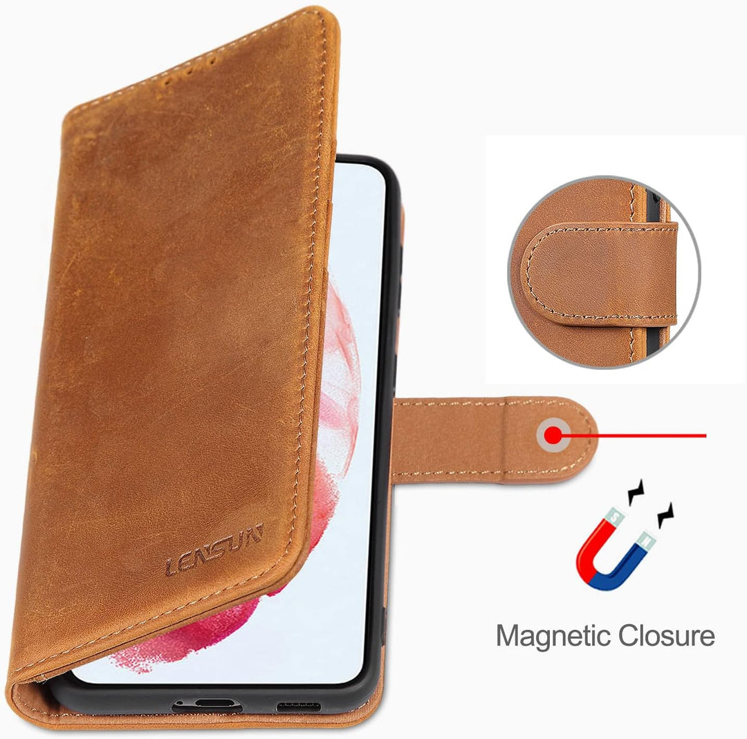 LENSUN Echtleder Hülle für Samsung Galaxy S21, Handyhülle [Echtes Leder] [Magnetverschluss] [RFID Sc