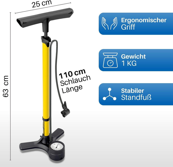 HiLo sports Standpumpe Fahrrad für alle Ventile - 11 Bar / 160 Psi Luftpumpe mit Manometer - Rostfre