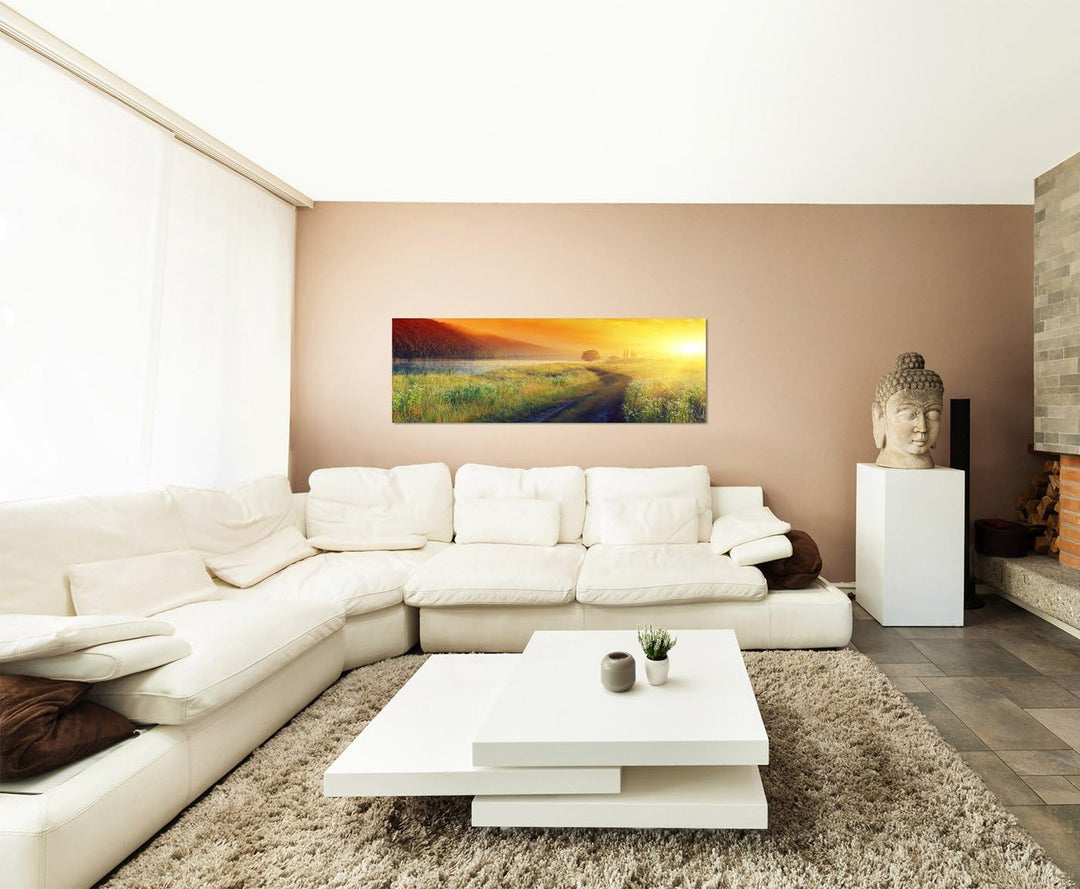 Paul Sinus Art Panoramabild auf Leinwand und Keilrahmen 150x50cm Landschaft Wiese Wald Morgensonne W