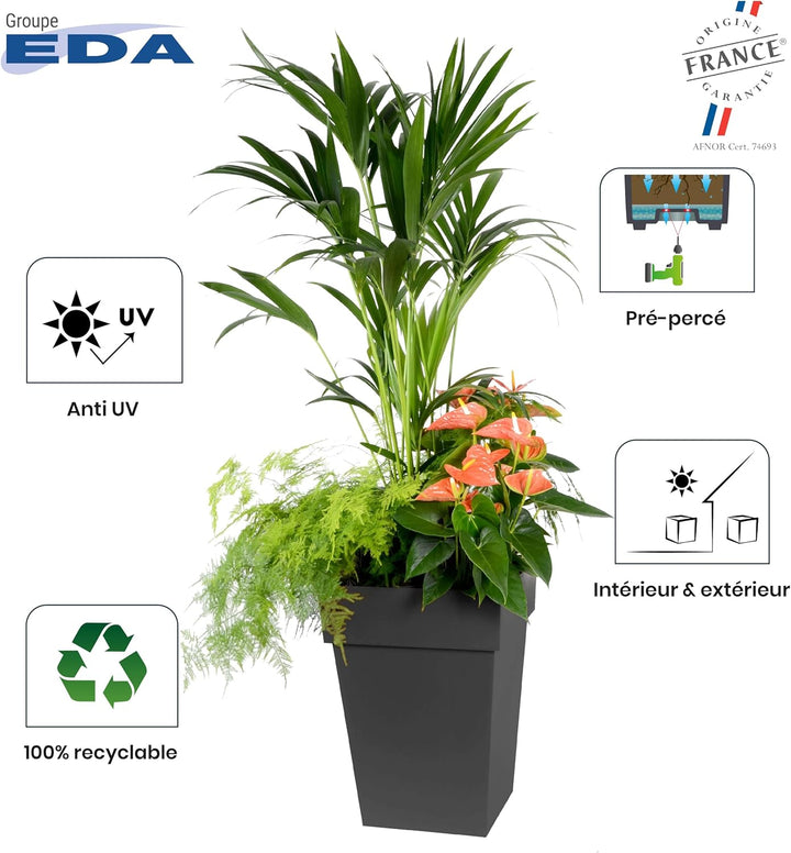 EDA - Blumentopf quadratisch halber hoch Toskana – Volumen 51 l – 39 x 39 x 53 cm – Lorbeergrün