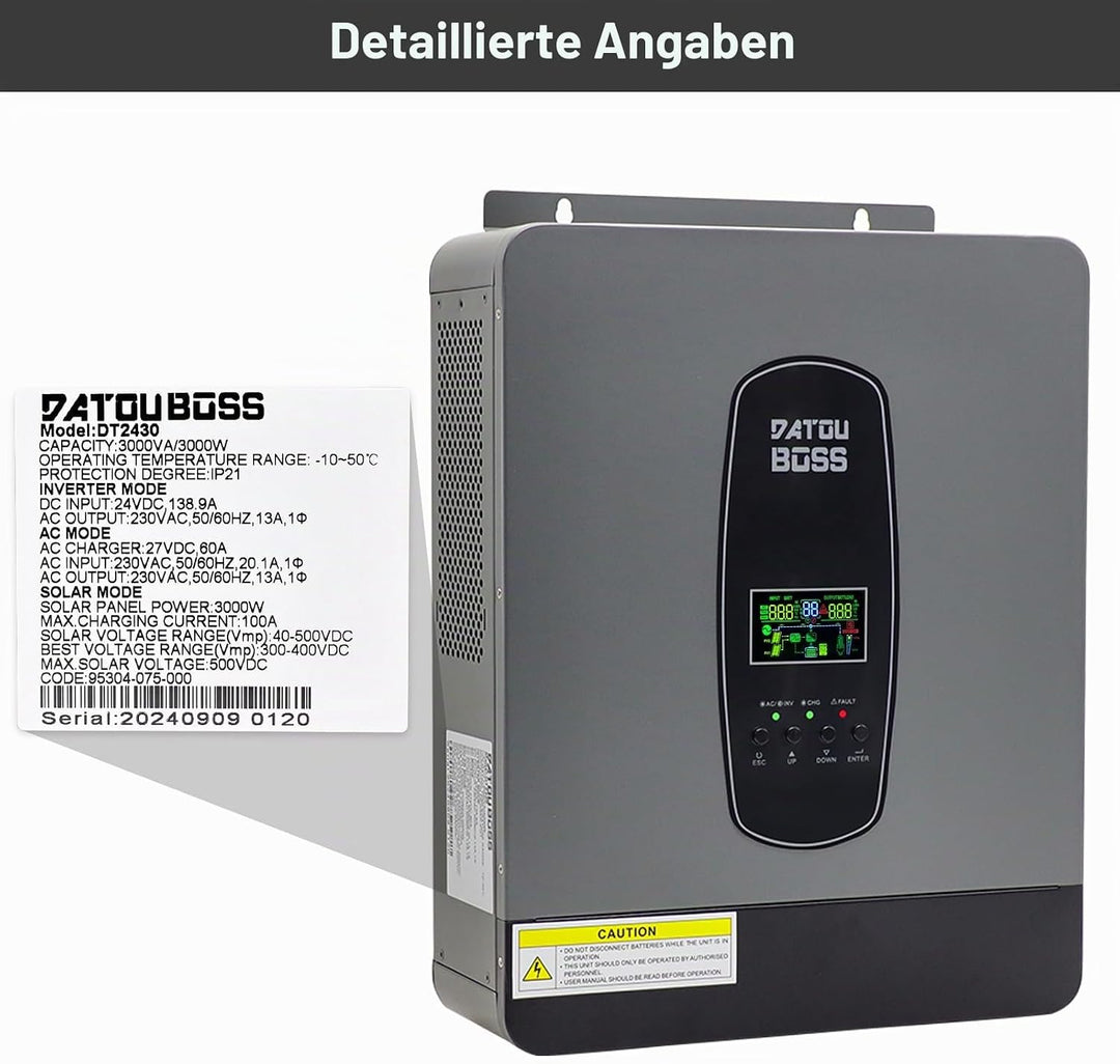 DATOUBOSS 3000W Hybrid Wechselrichter 24V, Hybrid Solar Wechselrichter Reiner Sinus,24V DC auf 220/2