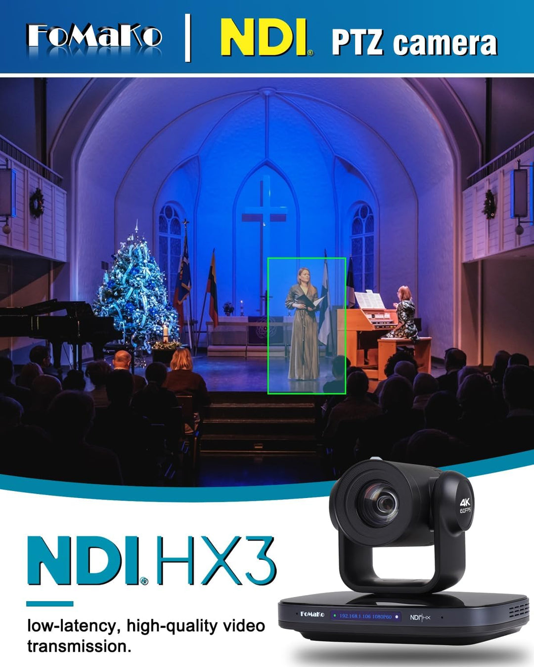 FoMaKo 4K@60fps NDI PTZ Kamera 20x Optischer Zoom, AI Tracking, mit 3G-SDI/USB 3.0/HDMI/IP/PoE, Prof