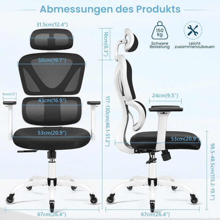 KERDOM Bürostuhl Ergonomischer Schreibtischstuhl,mit Verstellbarer Kopfstütze, Armlehnen, Lendenwirb