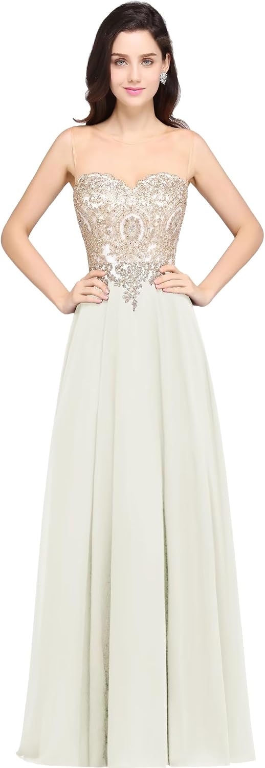 Misshow Abendkleid Chic Lang mit floralen Applikationen aus Chiffon Gr. 30 Elfenbein, 30 Elfenbein