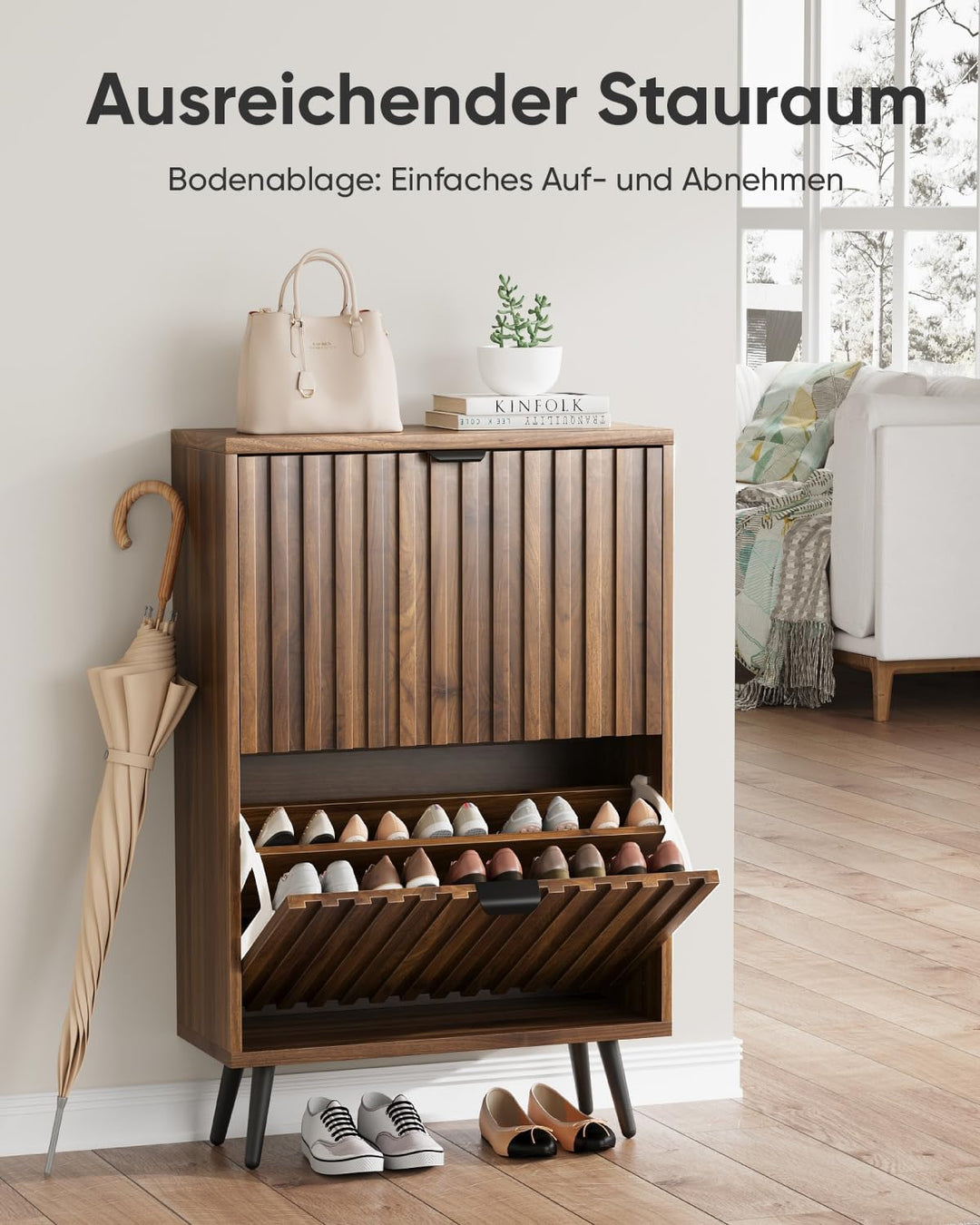 Schuhschrank, 60x24x94 cm, Walnussfarbe, 2 Klappen, 4 verstellbare Fächer, für 8-12 Paar Schuhe