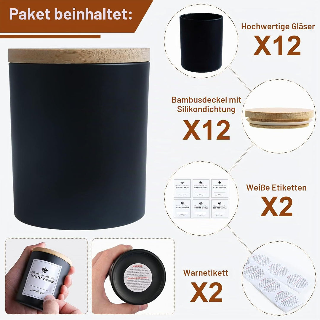 CONNOO 12 Stück 284 ml mattschwarze Glas-Kerzengläser mit Bambusdeckel für die Herstellung von Kerze