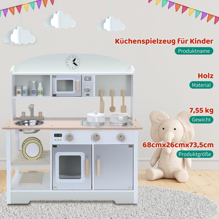 Kinderküche aus Holz mit Zubehör, Spielküche für Kinderzimmer, inkl. Herd, Ofen, Mikrowelle, Kühlsch