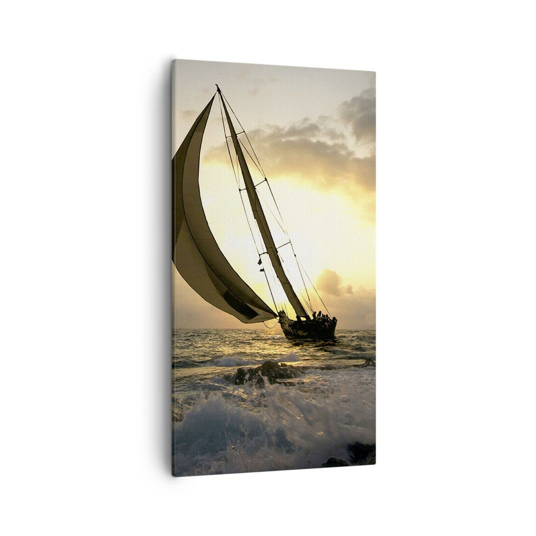 Bilder auf Leinwand 55x100cm Leinwandbild mit Rahmen Schiff Sonnenuntergang Sonne Landschaft Gross W