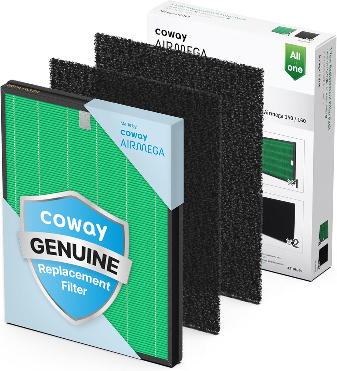 Coway Airmega 150 Luftreiniger Ersatzfilter-Set, True HEPA, Aktivkohlefilter, Schwarz, 3 Piece, 2 Fi