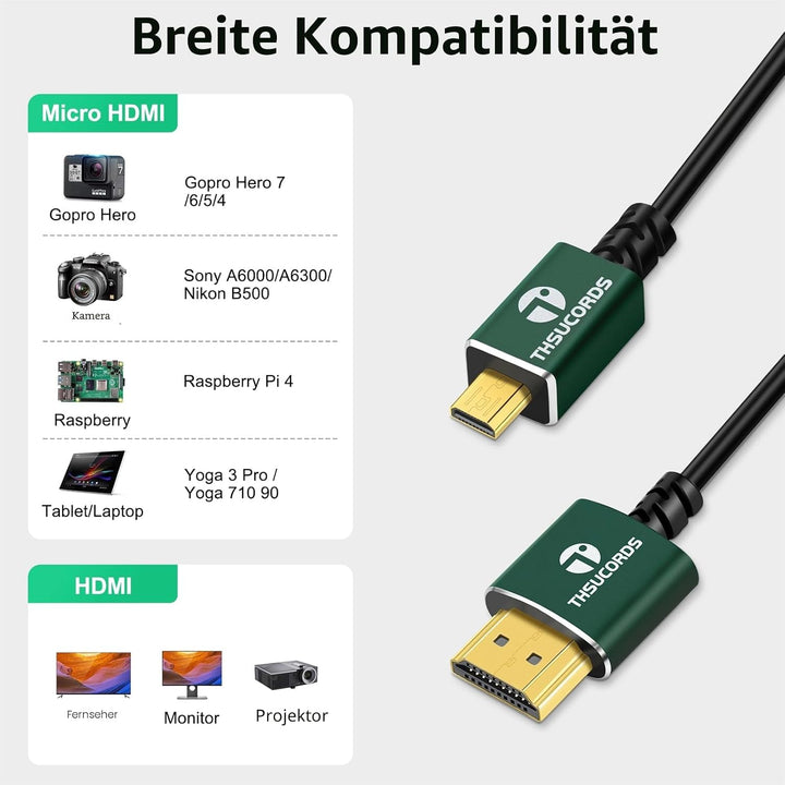 Dünnes Micro HDMI auf HDMI Kabel 2M 2 Stück, Ultradünnes Flexibles HDMI Micro Typ D auf Typ A Kabel