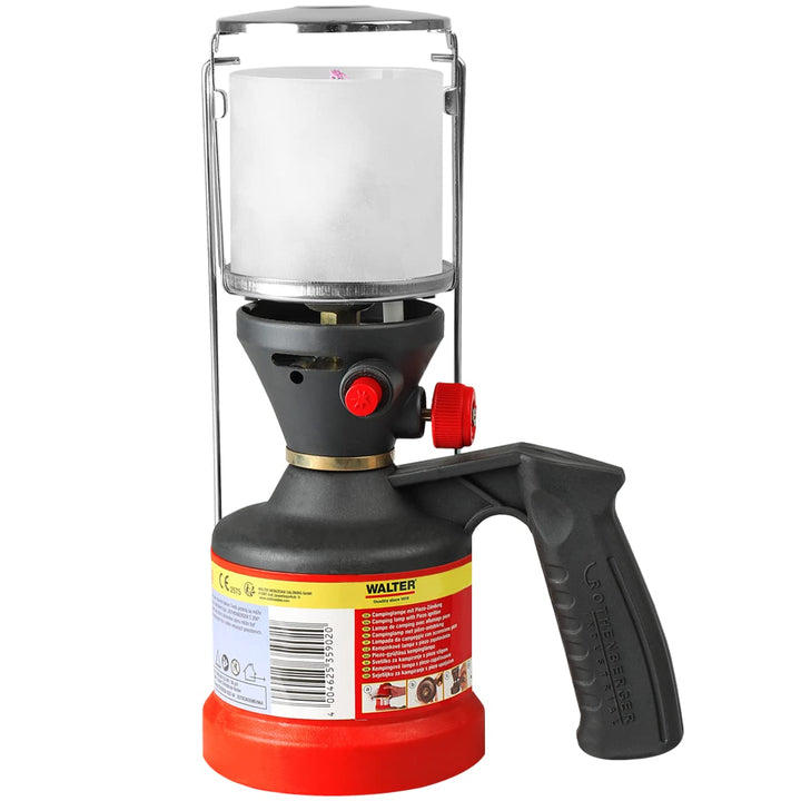 WALTER Gas Camping Lampe mit Piezo Zündung, inkl. 3 Glühstrümpfe | Stufenlos regulierbare Helligkeit